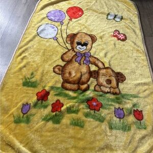 Yellow Teddy Bear & Puppy Plush Kids Blanket with Balloons